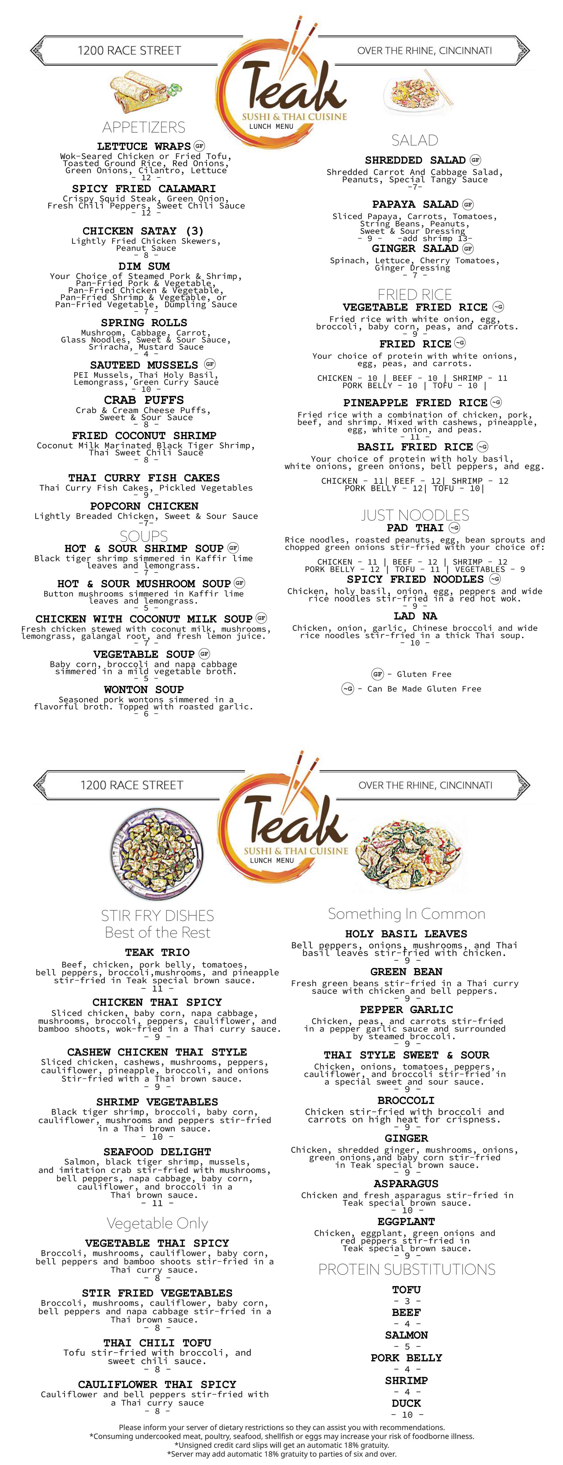 Teak OTR Lunch Menu